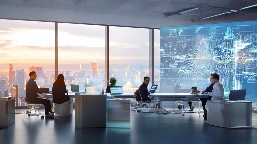 Employees in a modern office are using an AI customer prediction model for data analysis, with a smart robot providing real-time suggestions, and a bustling city view outside the window.