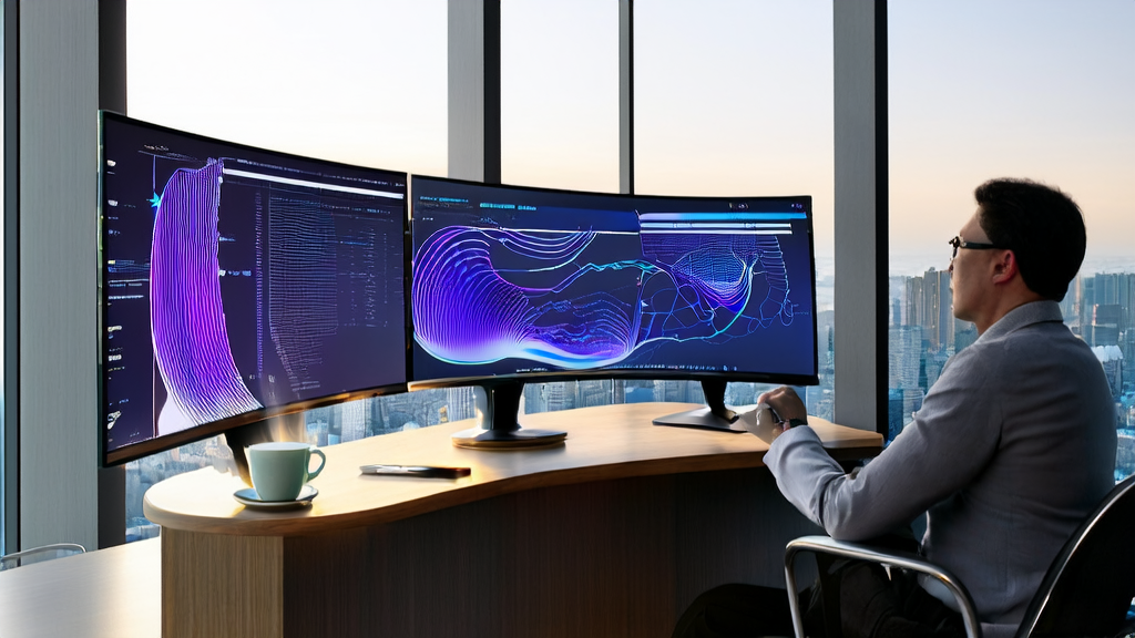 Data analyst using AI customer prediction model in a modern office environment