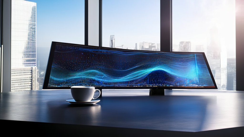 阳光洒进现代化办公室，电脑屏幕上显示着AI客户预测模型的数据和图表