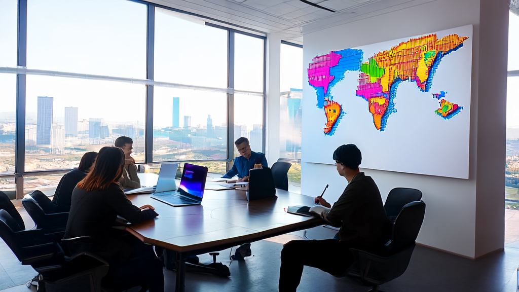 办公室内团队讨论AI客户预测模型，墙上挂着全球地图，阳光透过窗户照进来
