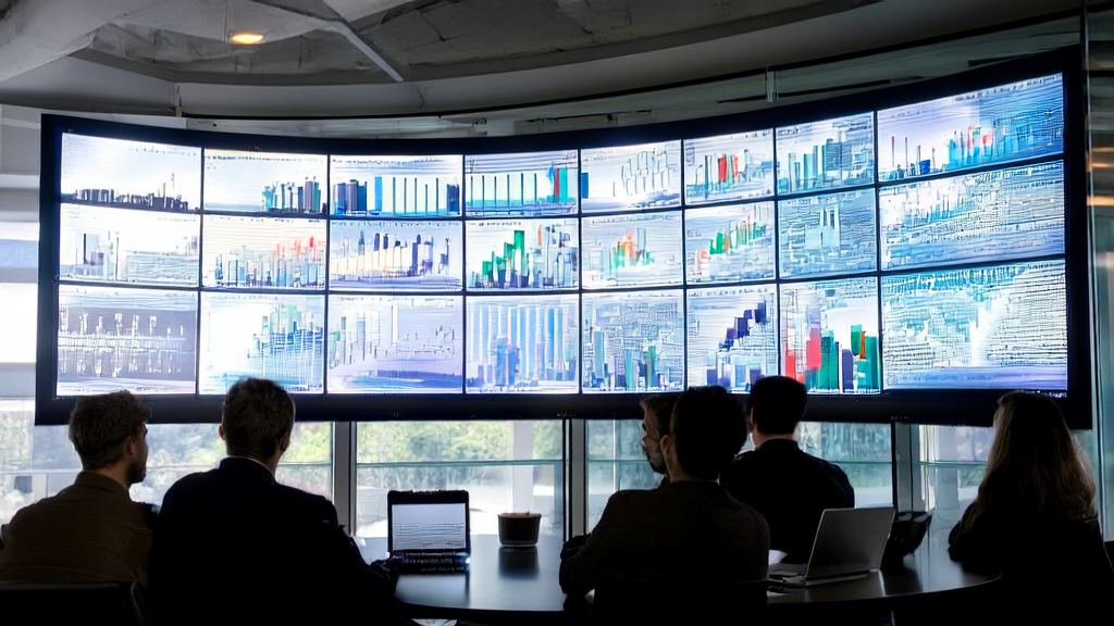 Young startup team discussing AI customer prediction model in the office, with photos of Harvard and MIT students using Turbo AI note-taking tool on the wall