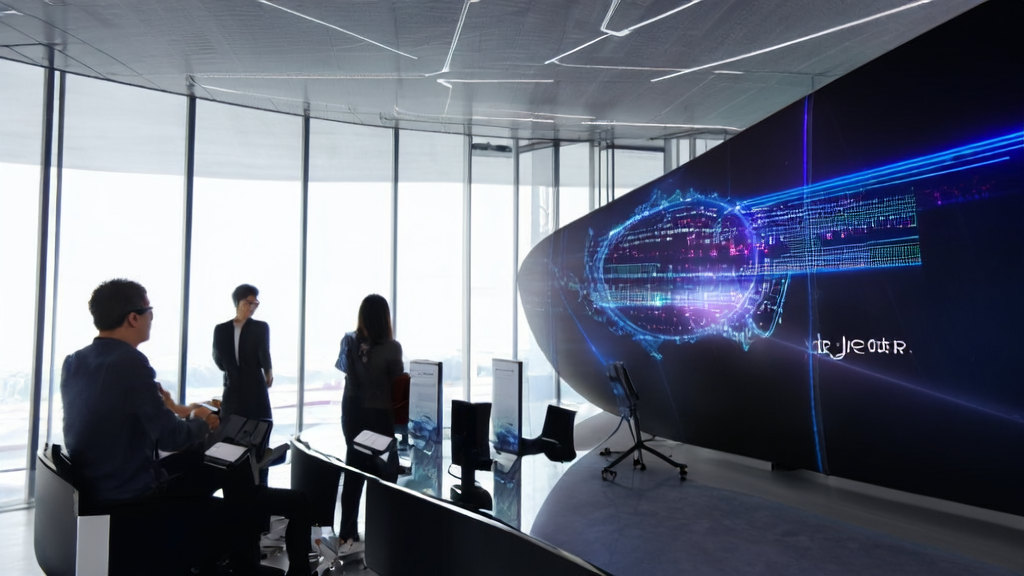 企业办公室内员工讨论AI客户预测模型,利用数据驱动决策