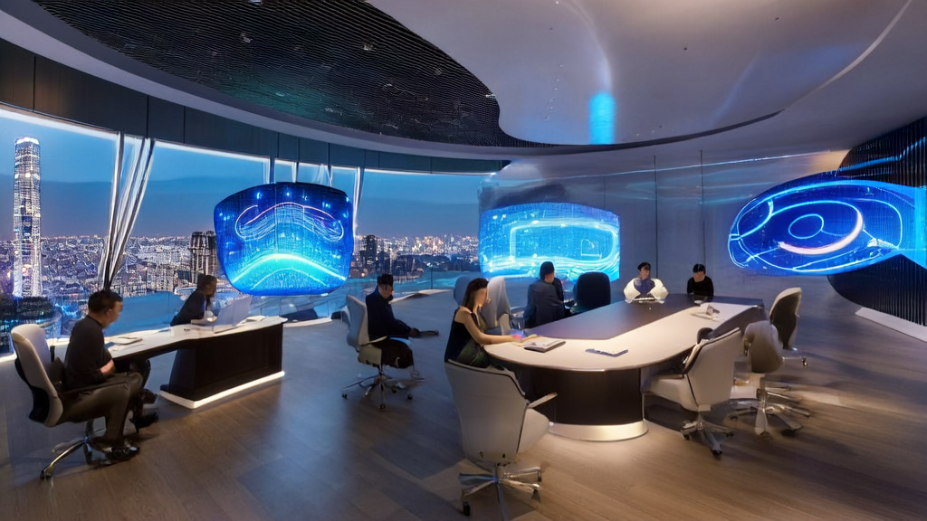 Team discussing AI customer prediction model in an office with city skyline and real-time market dynamics screen