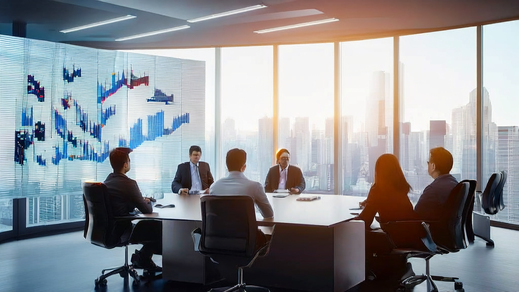 In a modern office, analysts are discussing the AI customer prediction model, with a Disney-developed robot demonstrating its graceful falling technique in the background.