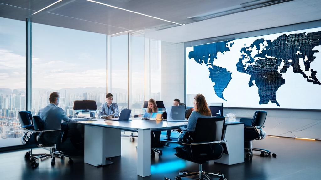 Employees in a modern office discussing the application of AI customer prediction model, with a robot assisting in tasks