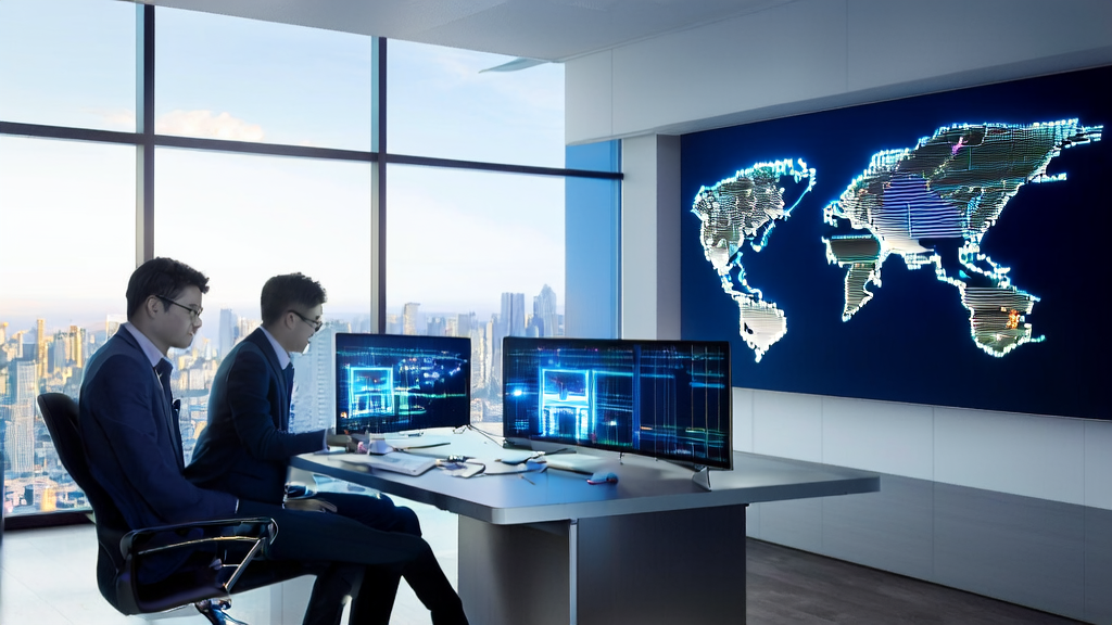 Foreign trade company employees discussing the application of AI customer prediction models in a modern office