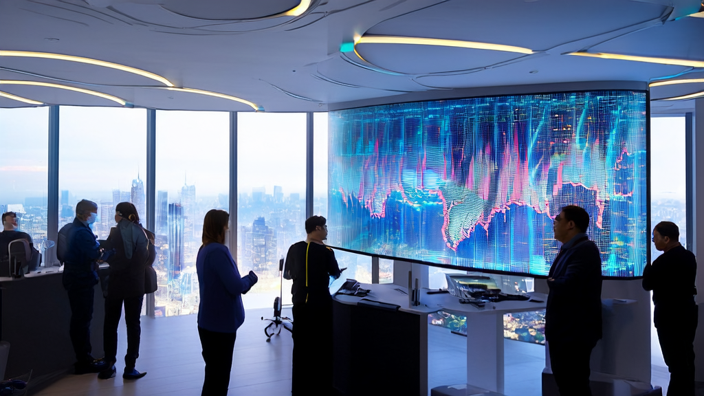 Employees in a modern office discussing AI customer prediction model analysis results, showcasing the application of precise marketing