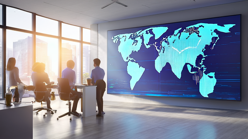 办公室内的团队正在讨论AI客户预测模型的数据分析结果，窗外阳光明媚