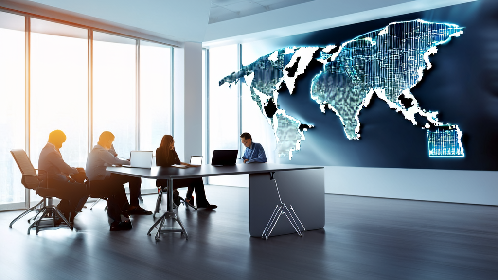 办公室内的团队正在讨论AI客户预测模型的应用，展示其如何帮助外贸企业精准筛选优质客户，减少无效投入。