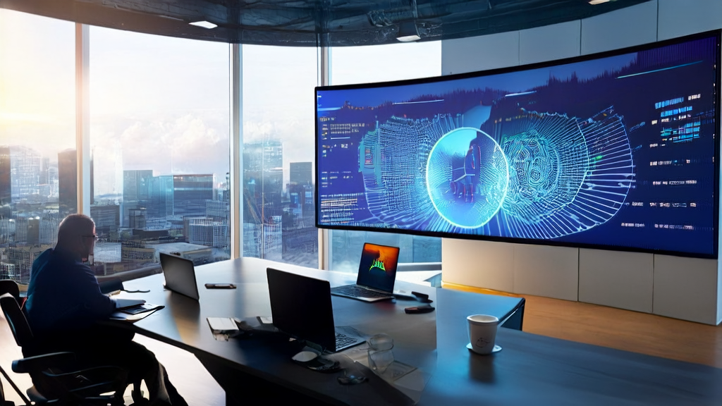 现代化办公室内员工讨论AI客户预测模型，背景有苹果公司标志和STARFlow-V视频模型，展示AI技术优化获客流程。