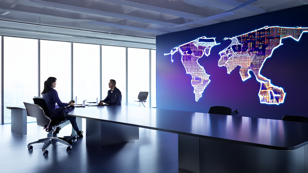 Employees discussing AI customer prediction model in a modern office with a world map background