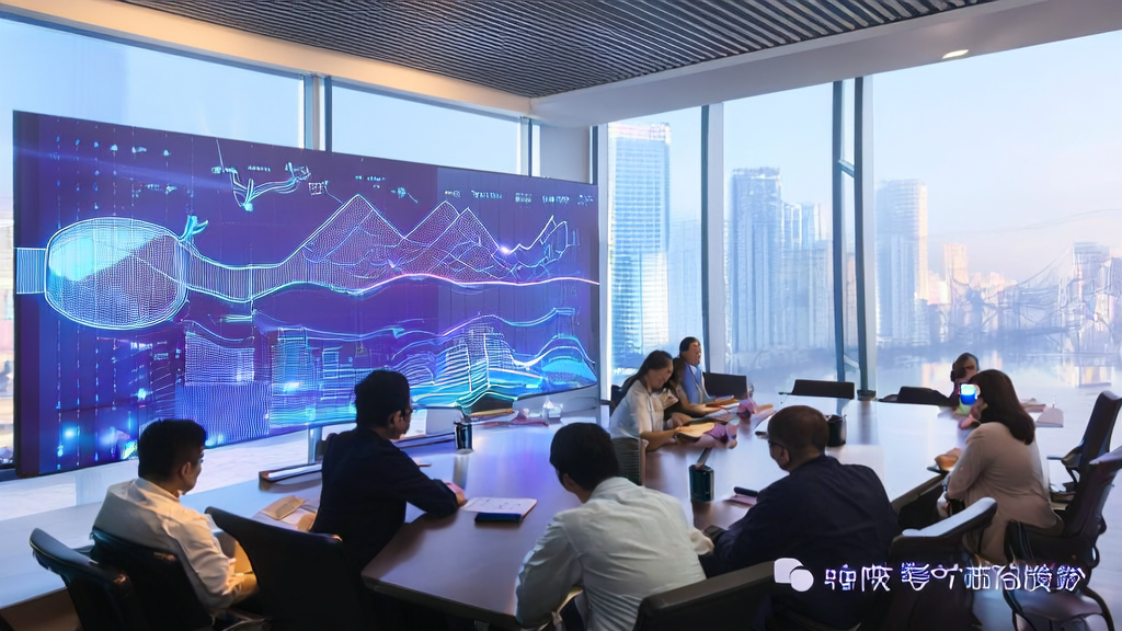 A team in a modern office is discussing the application and optimization strategies of AI customer prediction models, with a cityscape in the background.