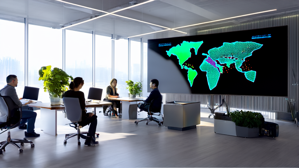 Employees in a modern office discussing AI customer prediction model with a world map and NVIDIA graphics card in the background