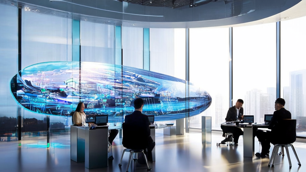 数据科学家在现代化办公室中监控AI客户预测模型的运行情况