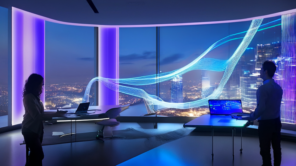 未来科技办公室中，分析师正在使用搭载M5芯片的设备操作AI客户预测模型