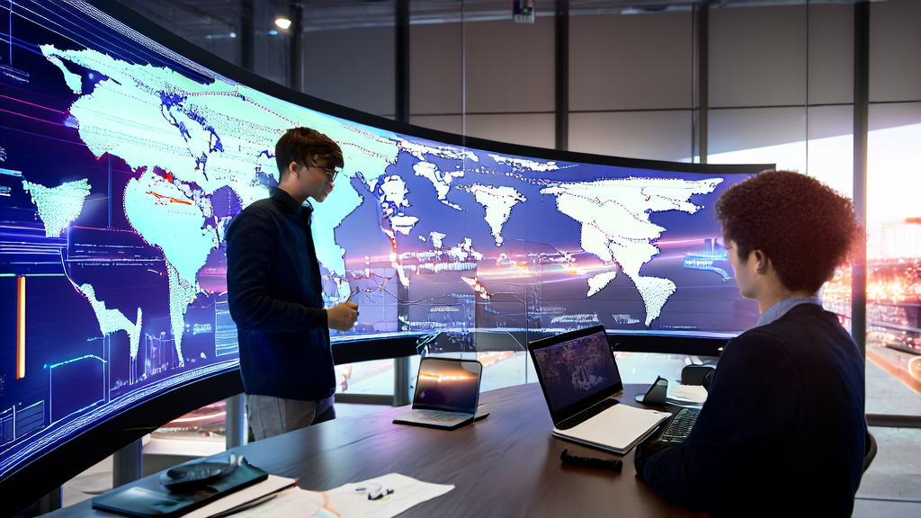 Young entrepreneurs analyzing global market opportunities using AI customer prediction model in a modern office at night