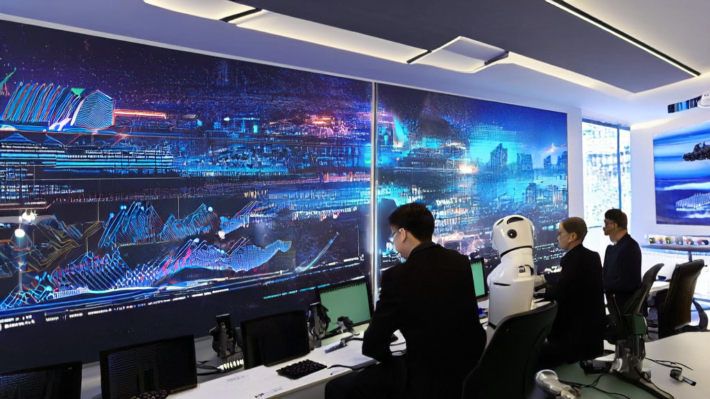 现代办公室中展示AI客户预测模型的数据流，背景为城市夜景