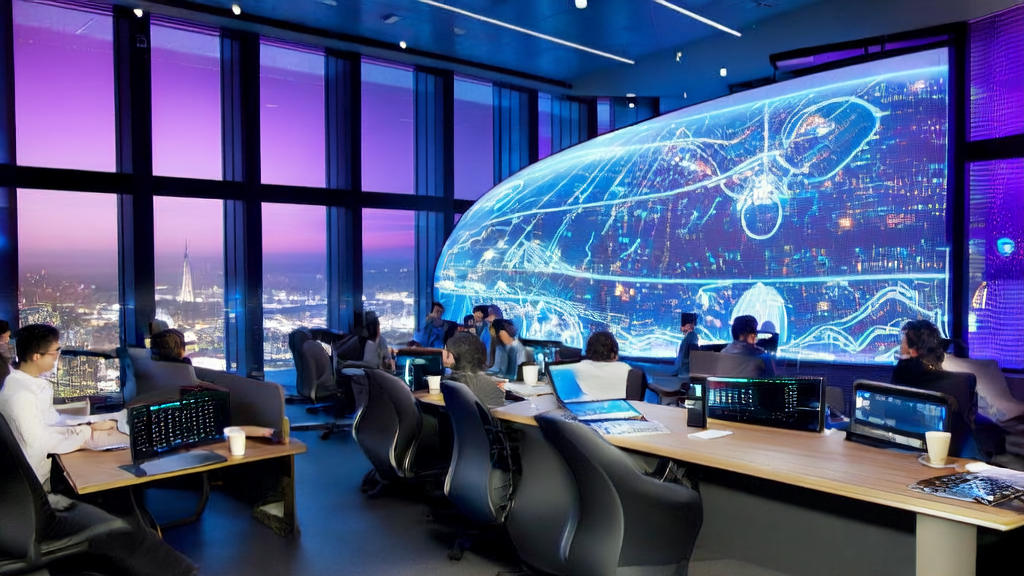 In a night office, programmers are discussing the AI customer prediction model with data streams and charts on the screen