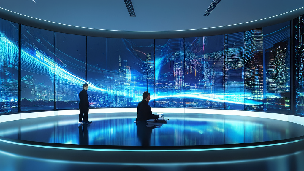 A modern office at night where an analyst is working with AI customer prediction models for data analysis