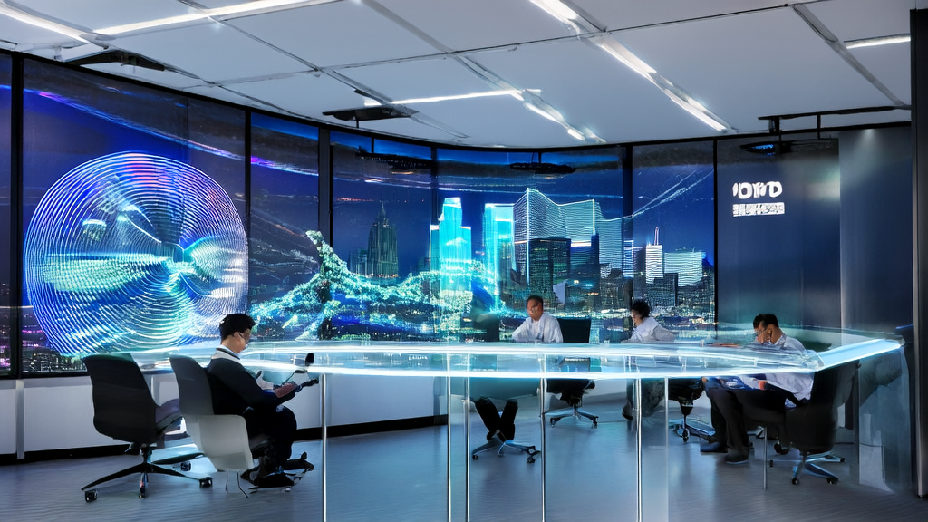 Technicians in a modern office using AI customer prediction models for data analysis, with a backdrop of a bustling city night view