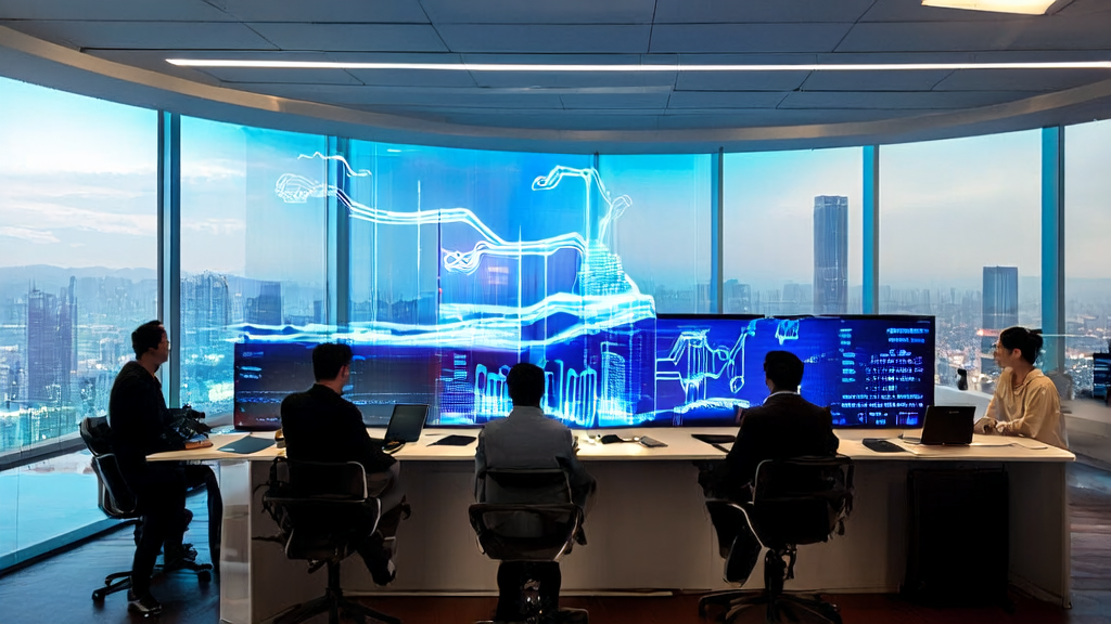 Modern office where employees use AI customer prediction models for personalized marketing analysis
