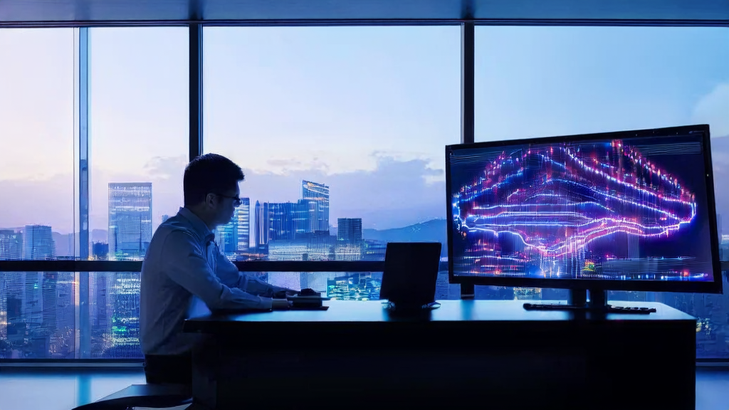 In a modern office, an analyst is using the AI customer prediction model to analyze data, with posters showcasing the breakthroughs of Hailuo 2.3 on the walls.