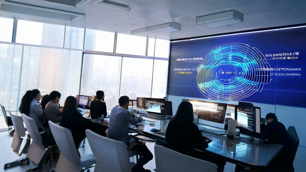 Data scientists analyze customer prediction models in an office, with sunlight streaming through windows, symbolizing a successful and bright future.
