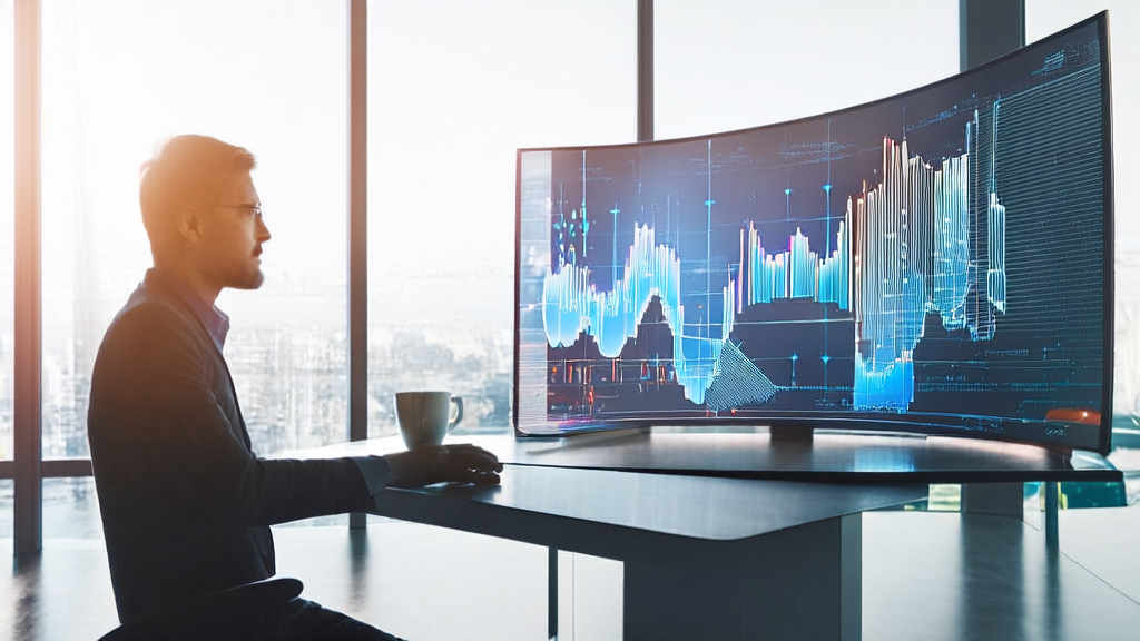 An analyst in a modern office using AI customer prediction model to analyze data