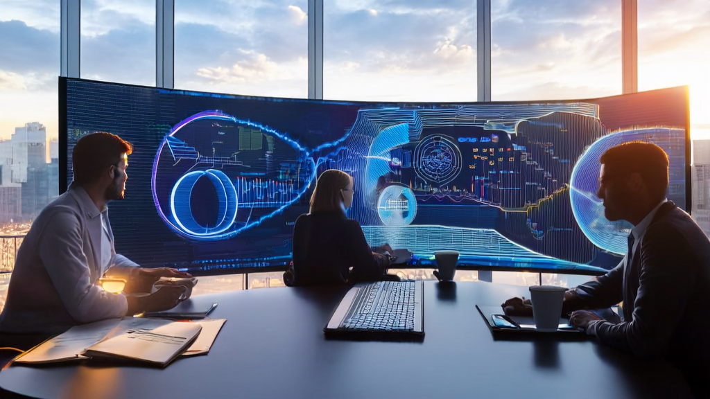 Data scientists analyzing AI customer prediction models in an office with a city skyline outside.