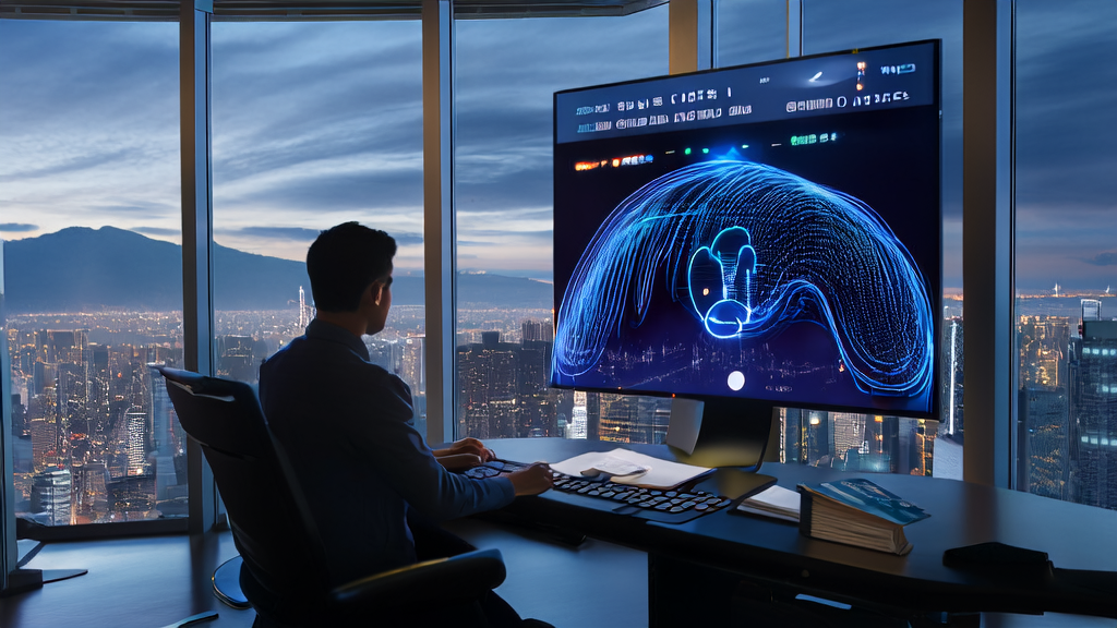 In a modern office, an analyst uses an AI customer prediction model for precise customer selection, with a cityscape background, highlighting data privacy protection.