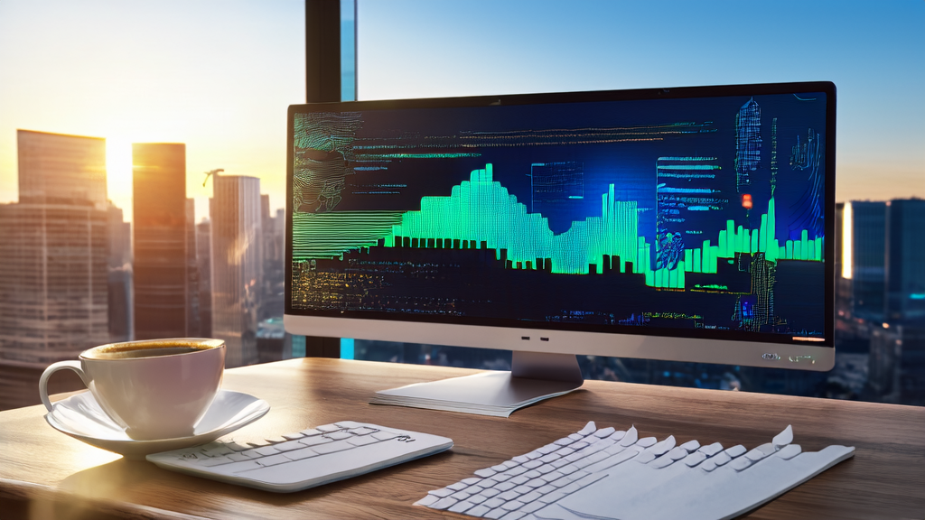 In a modern office, a data analyst is using an AI customer prediction model for market analysis, with a bustling city view outside the window.