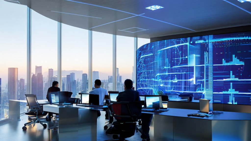 现代化办公室内员工使用AI客户预测模型筛选优质客户，窗外是繁华城市景象