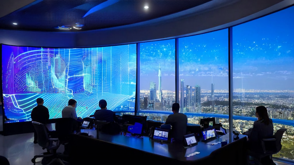 现代化办公室内数据科学家们正在使用AI客户预测模型进行数据分析，背景为城市景观