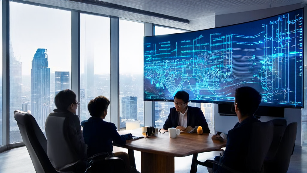 现代化办公室内，分析师们正利用AI客户预测模型进行数据分析，以实现精准获客和减少无效投资。