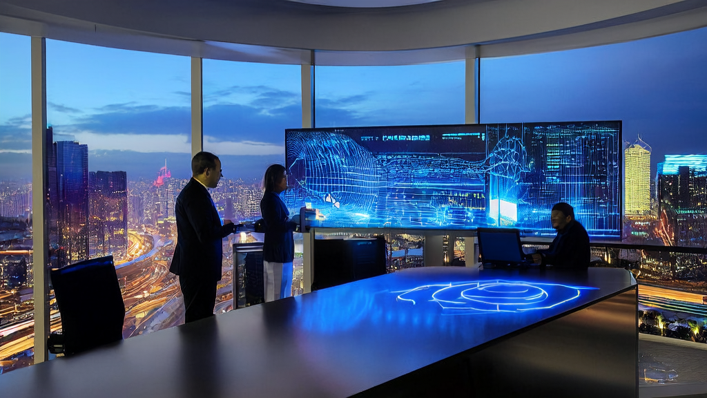 In a modern office, data scientists are discussing the optimization of an AI customer prediction model, with a bustling city view outside the window.