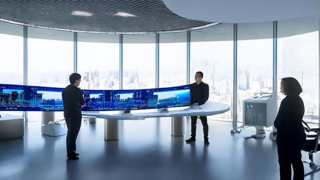 Data scientists in a modern office using AI customer prediction models to analyze client data and print personalized email content, with a poster of the NeurIPS 2025 Best Paper Award on the wall.