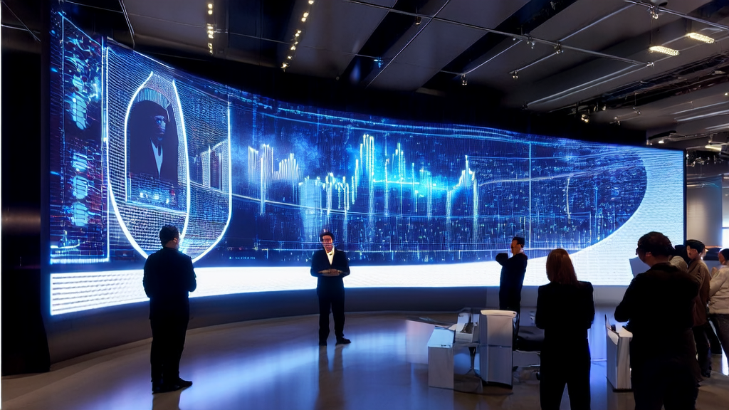 Futuristic office showcasing AI customer prediction model and Doudou voice recognition model 2.0