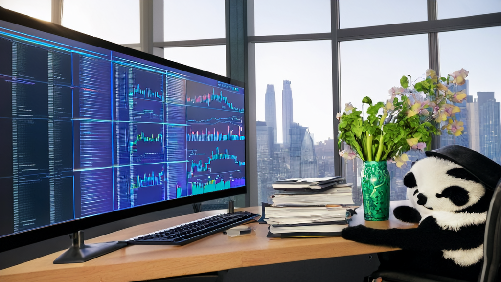 In a cross-border e-commerce office, an analyst is using an AI customer prediction model for data analysis, with sunlight streaming through the windows onto plants and a panda doll on the desk.
