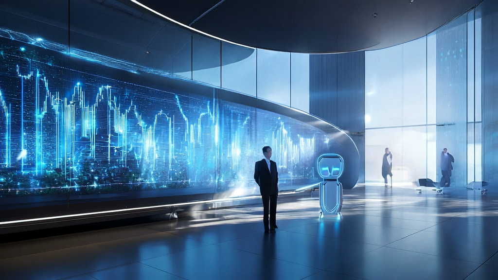 In a futuristic office, the AI customer prediction model helps foreign trade companies efficiently screen high-quality customers, while the humanoid robot Pepper provides personalized services to clients.