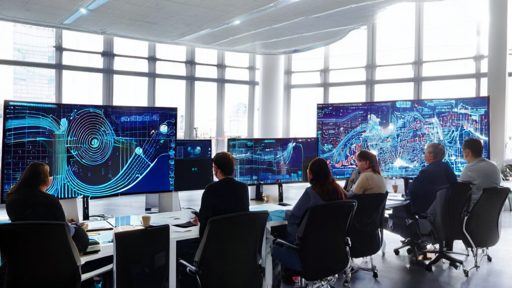 现代化办公室内，数据分析师们正通过AI客户预测模型进行客户数据分析，墙上展示了关于OpenAI财务风险的讨论。