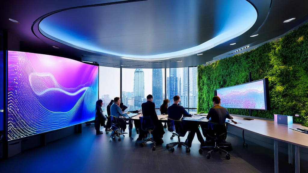 In a futuristic office, employees are analyzing data using an AI customer prediction model, with a bustling city skyline outside the window.