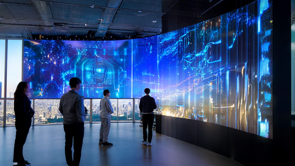 Team members in a modern office using AI customer prediction model for data analysis