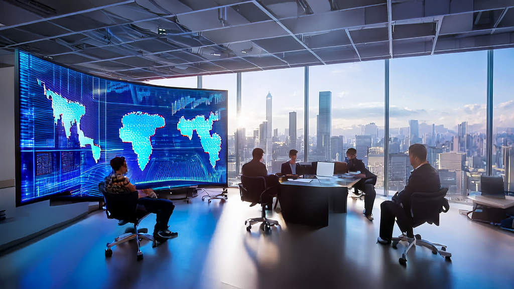 Analysts in a modern office discussing AI customer prediction model to optimize advertising strategies