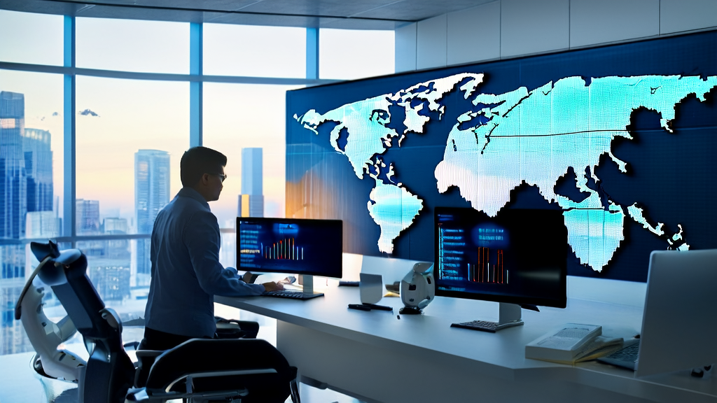 现代化办公室内的外贸业务员使用AI客户预测模型优化电子邮件送达率和响应时间