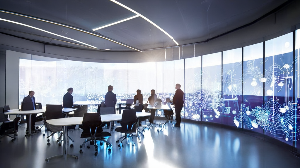 阳光照射下的现代化办公楼，技术人员正在讨论AI客户预测模型以优化客户获取流程。