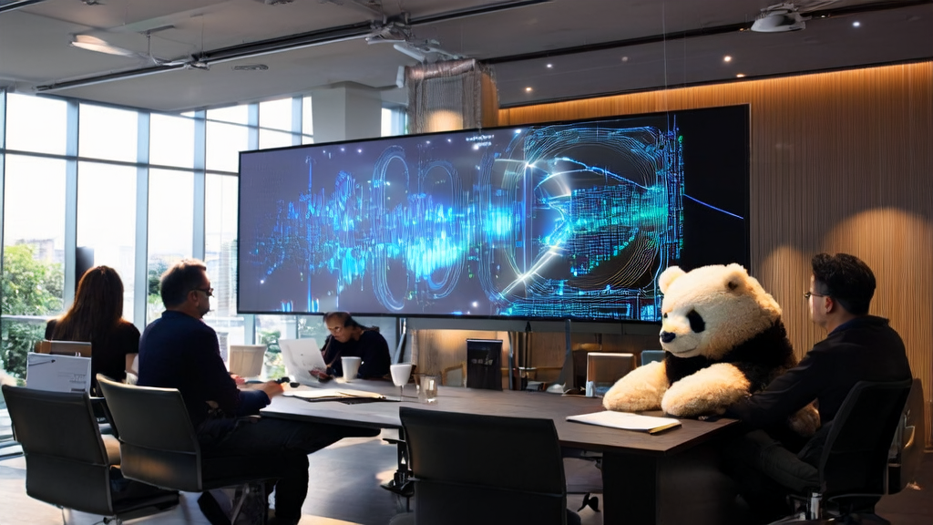 现代化办公室中的员工使用AI客户预测模型进行精准客户筛选，桌上放着一杯杯热气腾腾的咖啡，角落里有一个戴着大檐帽的羊毛毡大熊猫。