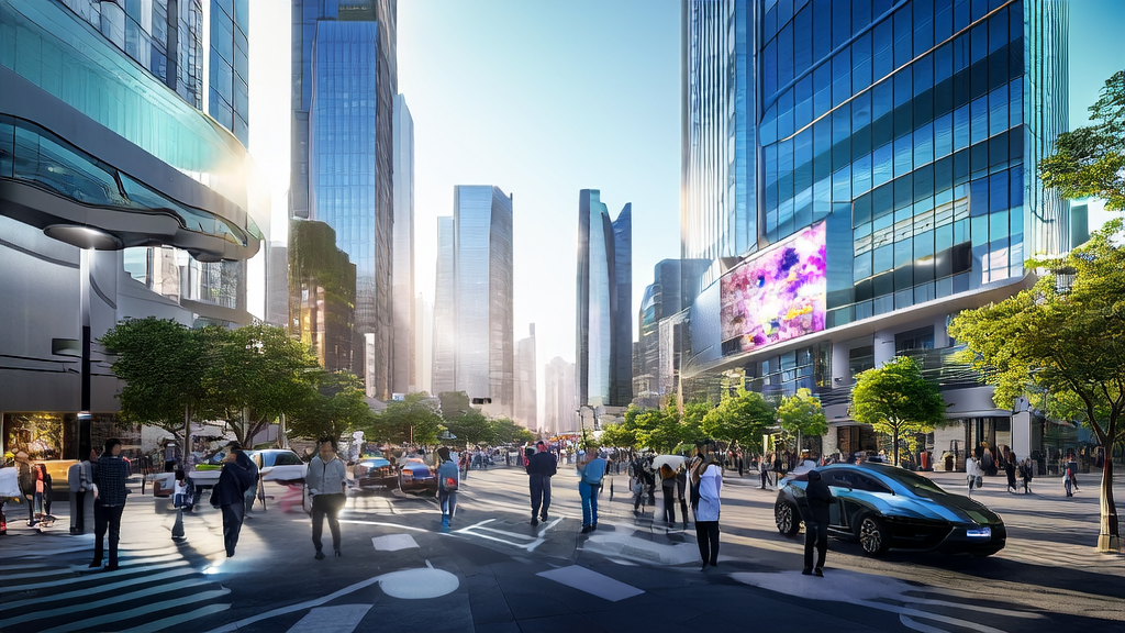Smart billboards and autonomous cars in a futuristic city showcasing the effects of AI customer prediction models on optimizing ad placement