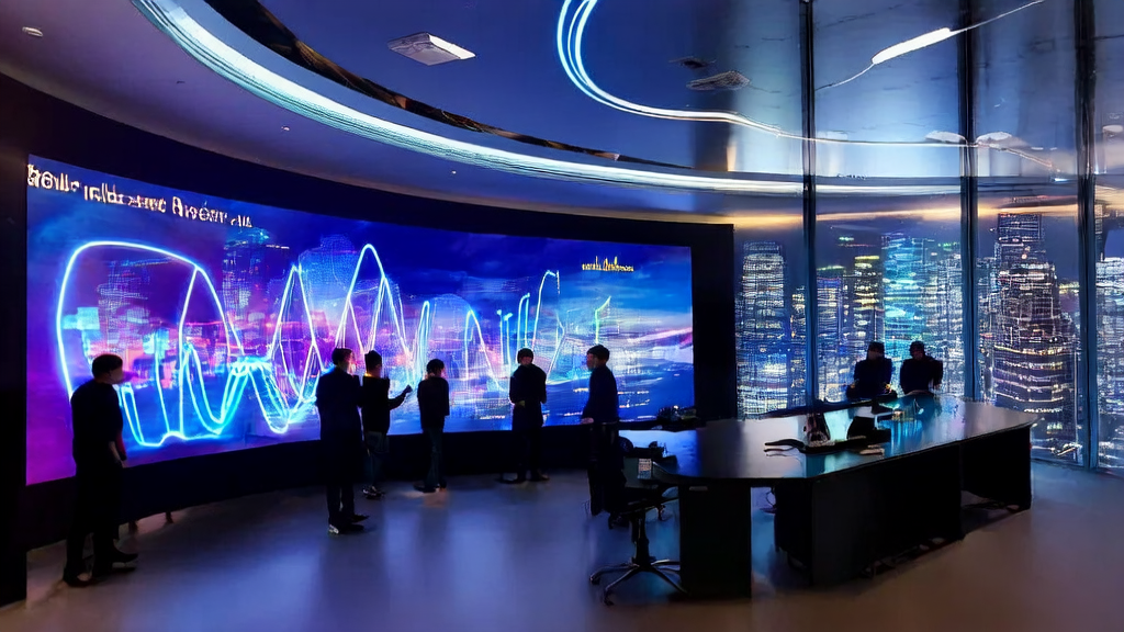 In a tech-filled office, programmers are using an AI customer prediction model to analyze data and enhance advertising targeting.
