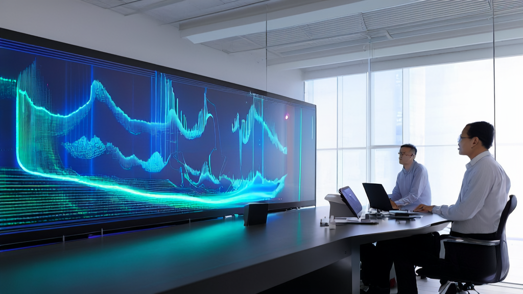 现代化办公环境中，技术人员使用AI客户预测模型分析数据，优化获客策略。