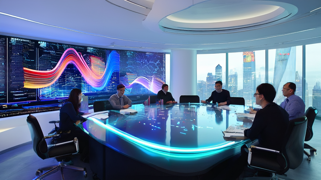 Data scientists discussing an AI customer prediction model in a meeting room, with a large screen displaying the model's workflow and complex data streams.